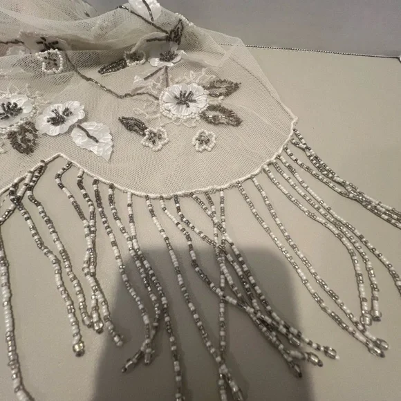 Vintage Floral Embroidered Beaded Sheer Scarf - Cream